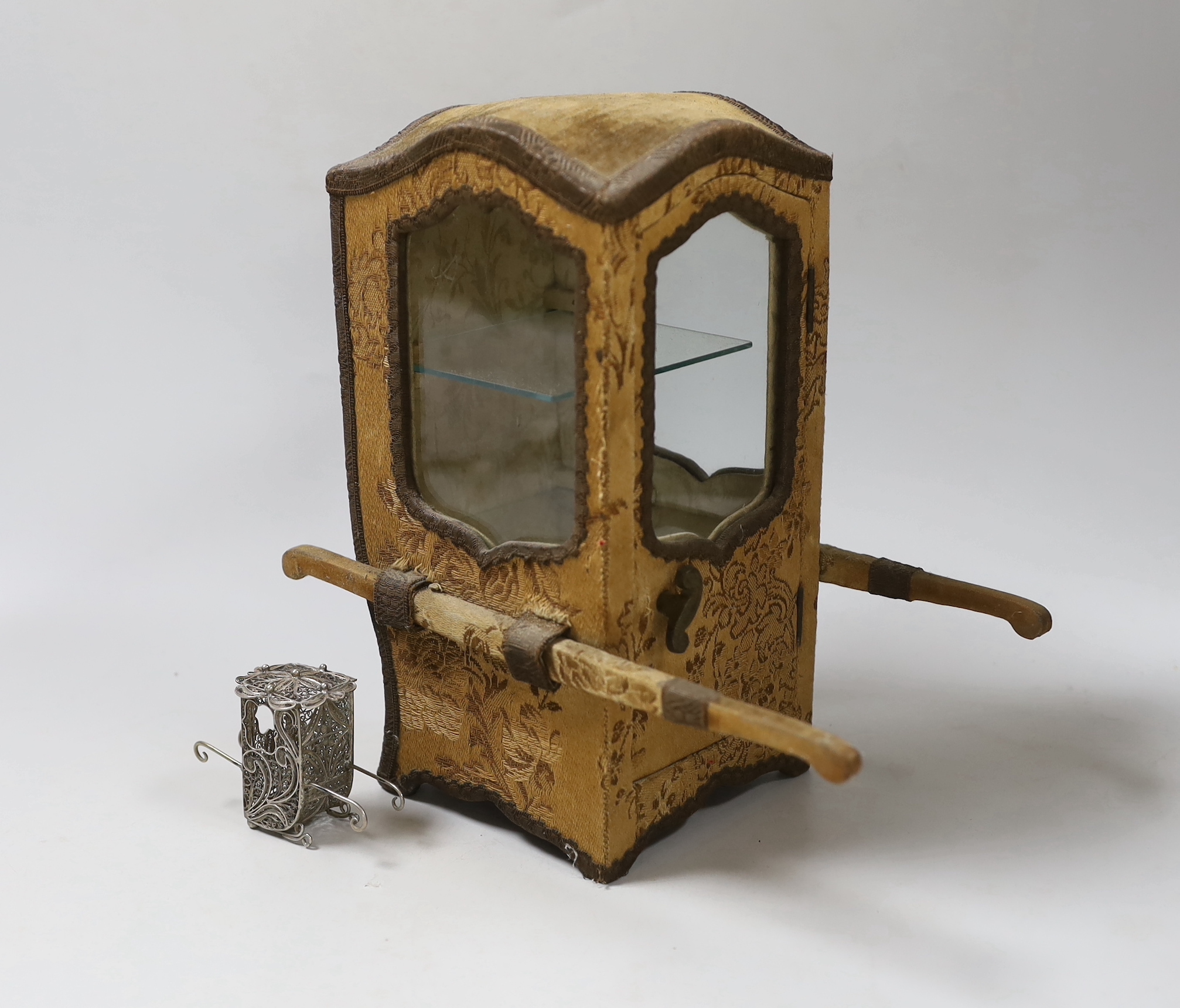 A miniature Sedan chair and a small silver Sedan chair, Sedan chair 33cm high (2)